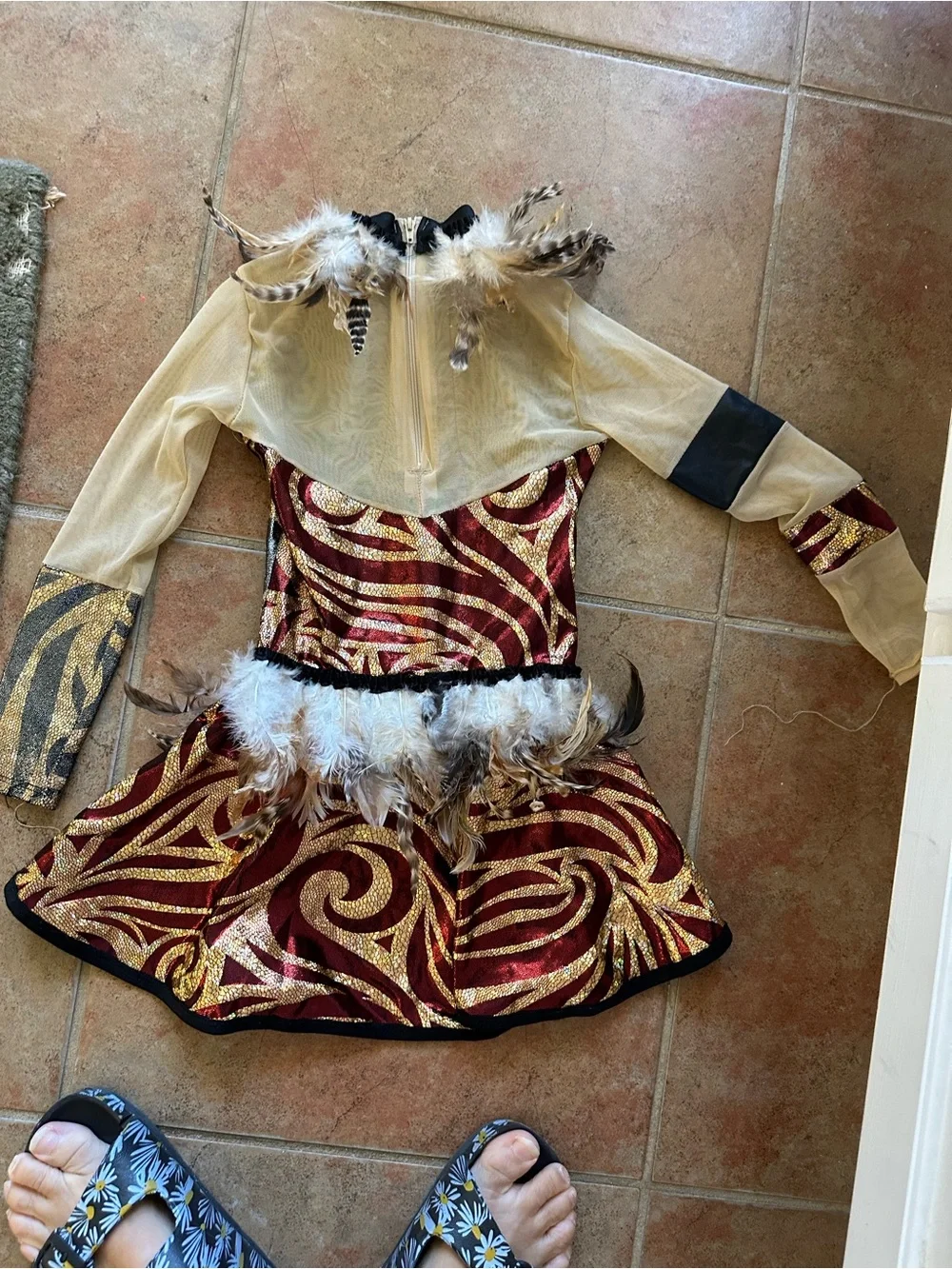 Gold & Burgundy Decorative Coat with Feather Trim
